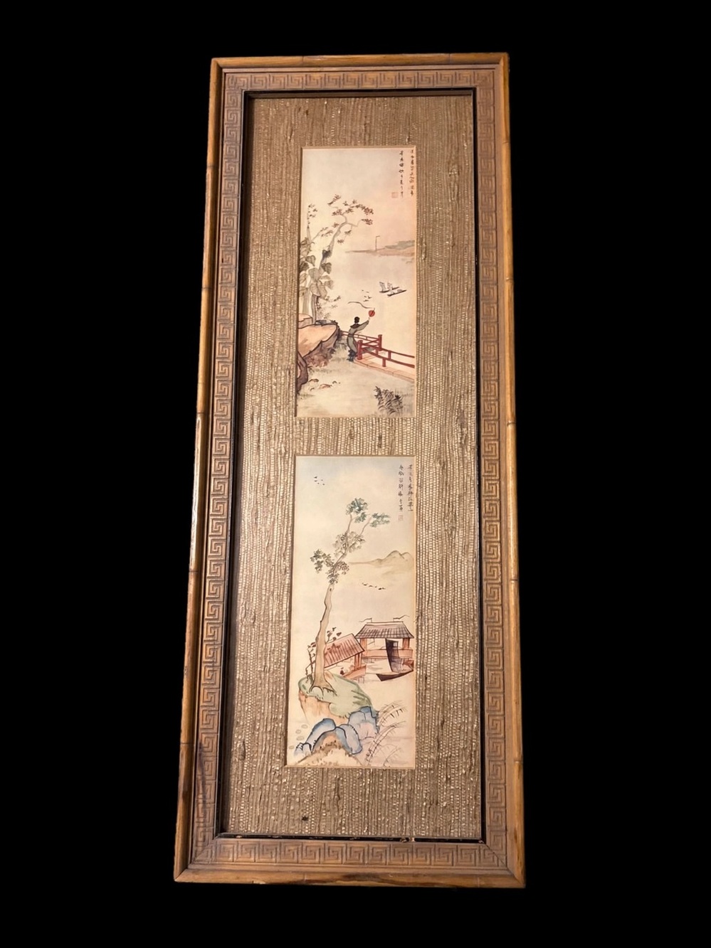 Vintage Chinoiserie Diptych Print - Bamboo Framed Asian Wall Art - 2 Panel